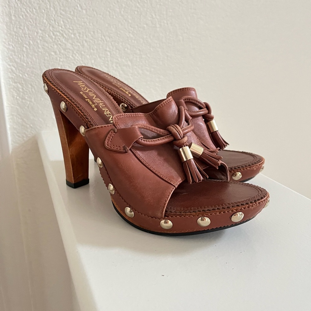 Authentic Yves Saint‎ Laurent Brown Leather Mules with Tassel and Stud Accents
